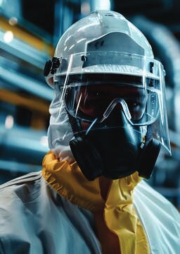 Worker wearing a full-face respirator and protective suit